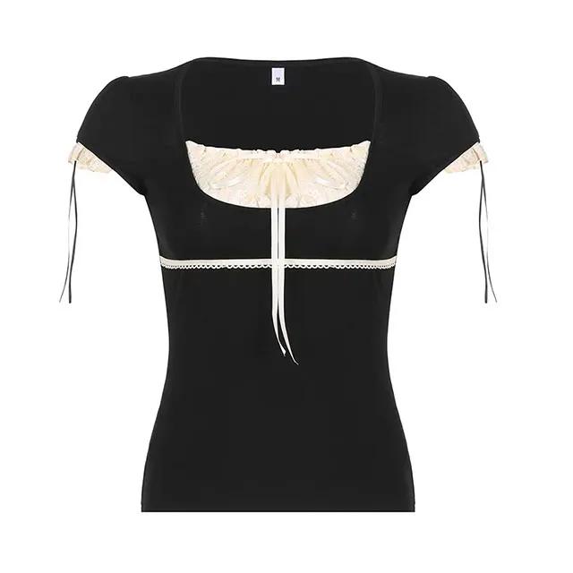 (발레코어룩) 레이스 리본 레이어드 반팔