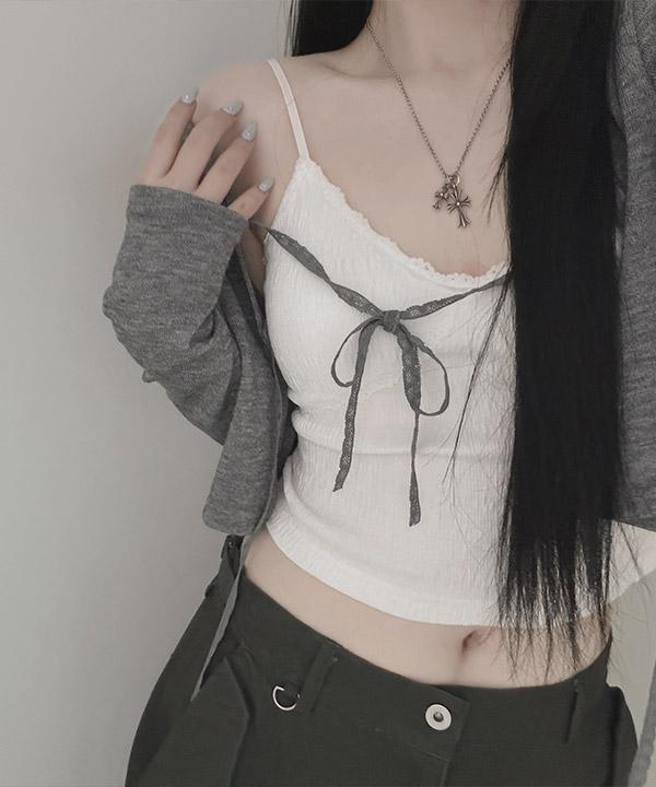 #12349 [모델소장] 은근섹시 레이스 브이넥 크롭 링클 스판 캡나시t : 4color