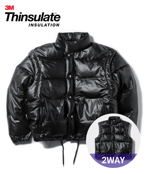 3M thinsulate FAUX LEATHER PUFFER JACKET(2WAY) BLACK