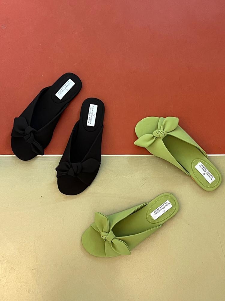 리본 플랫 뮬 슬리퍼 - 블랙 연두 (230-250)