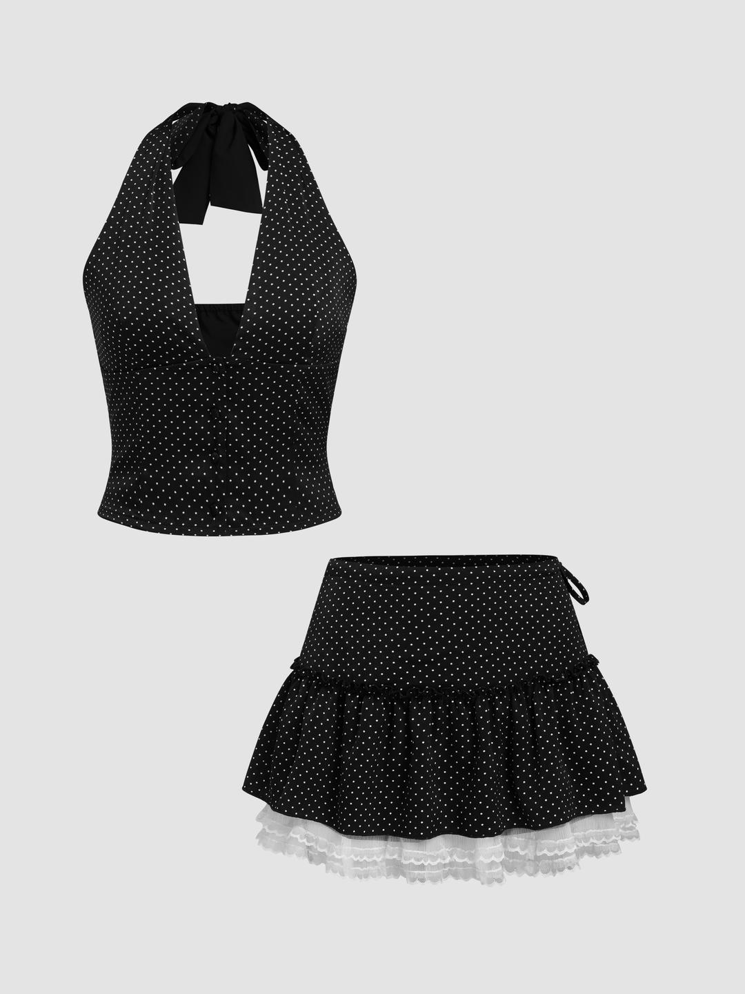 Halter V-neck Polka Dot Crop Top & Mid Rise Lace Trim Mini Skort Set