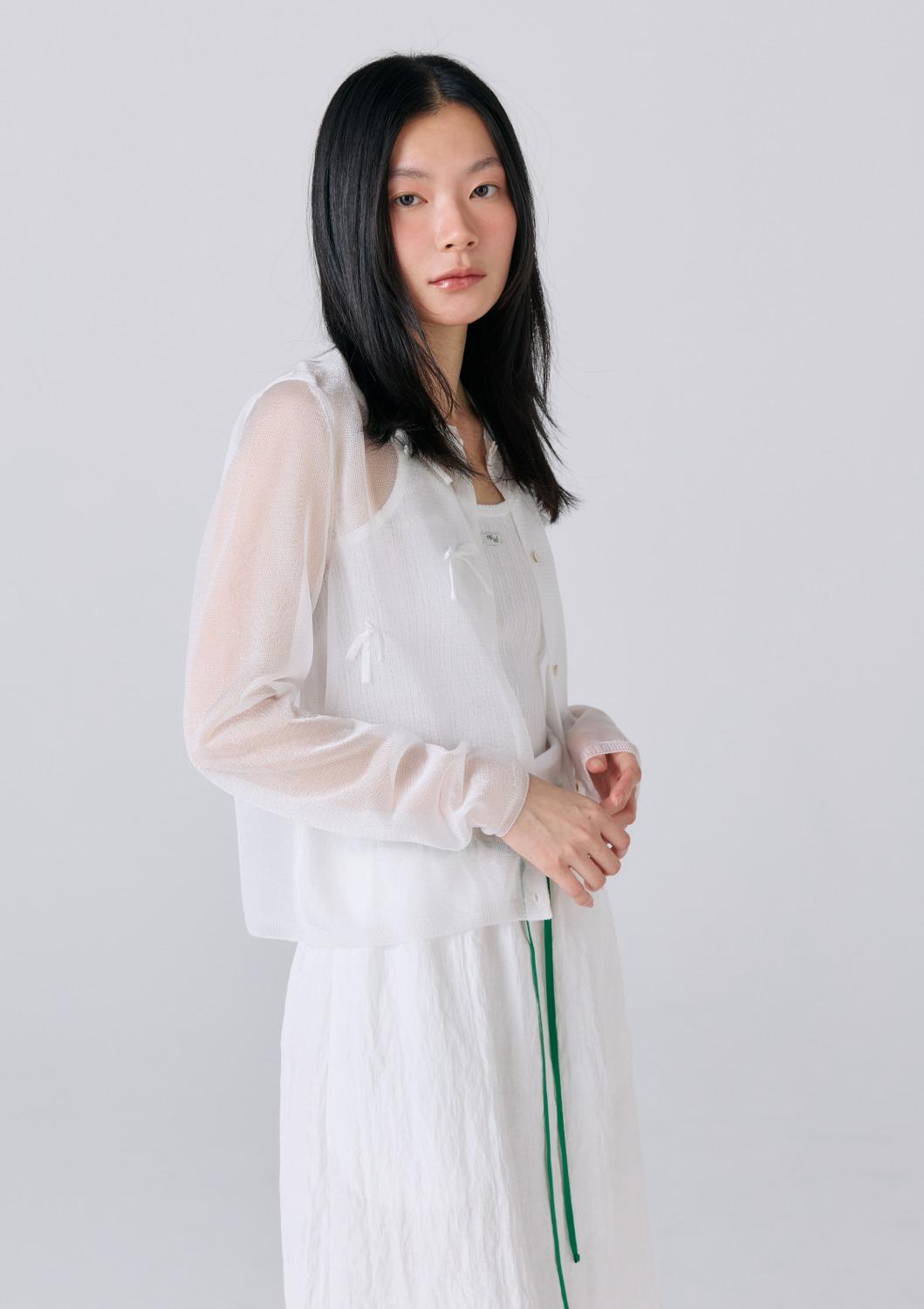 Mused Sheer Ribbon Knit Cardigan - White