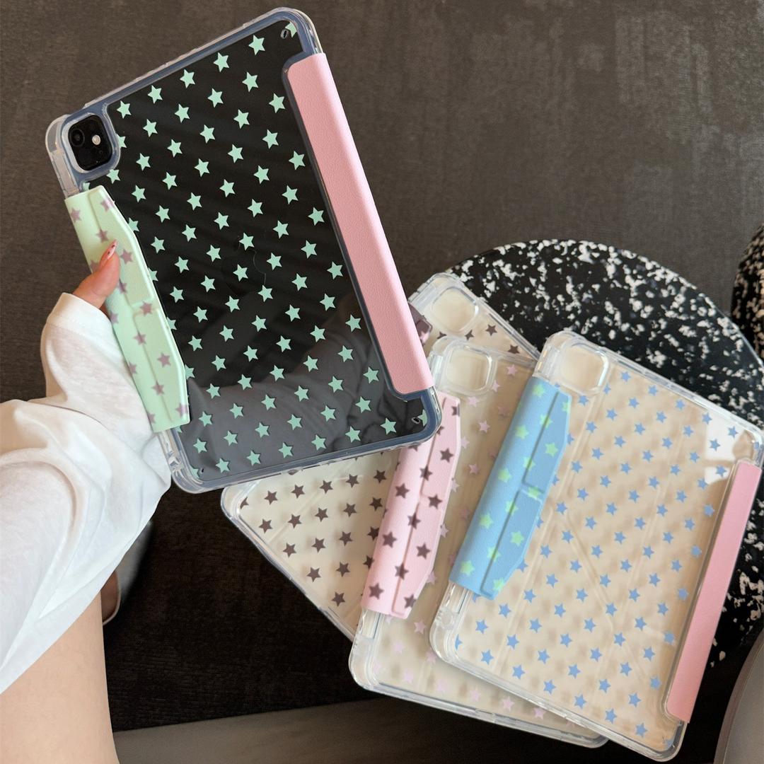 우아디 별 도트 레더 뒷면투명 아이패드케이스 펜슬수납 Y형 접이식 거치식 4color