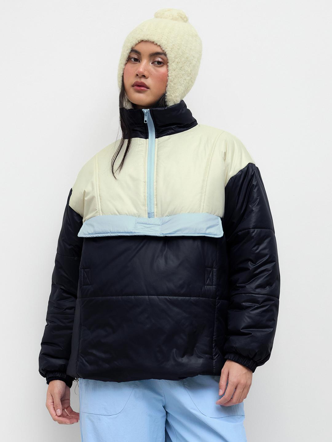 Funnel Neck Colorblock Drawstring Oversized Puffer Sweatshirt