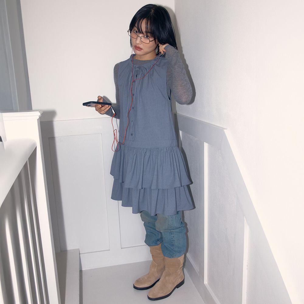 CHECK HOODIE RUFFLE DRESS_BLUE