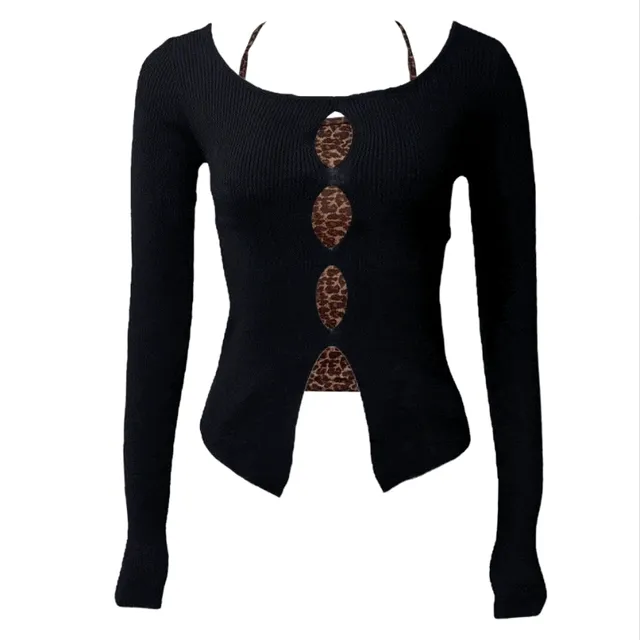 니트 홀 티 + 레오파드 홀터넥 나시 세트