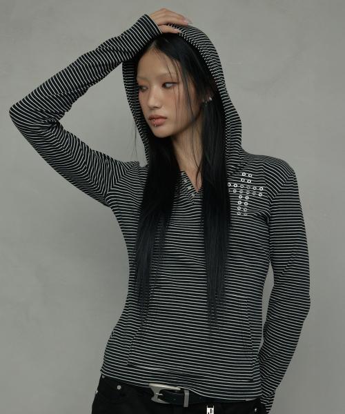 CROSS STRIPE HENLEY HOODIE_BLACK