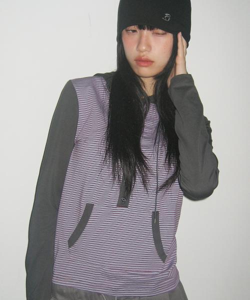 더블 버튼 단가라 스트라이프 배색 후드 롱슬리브 _ 2COLOR