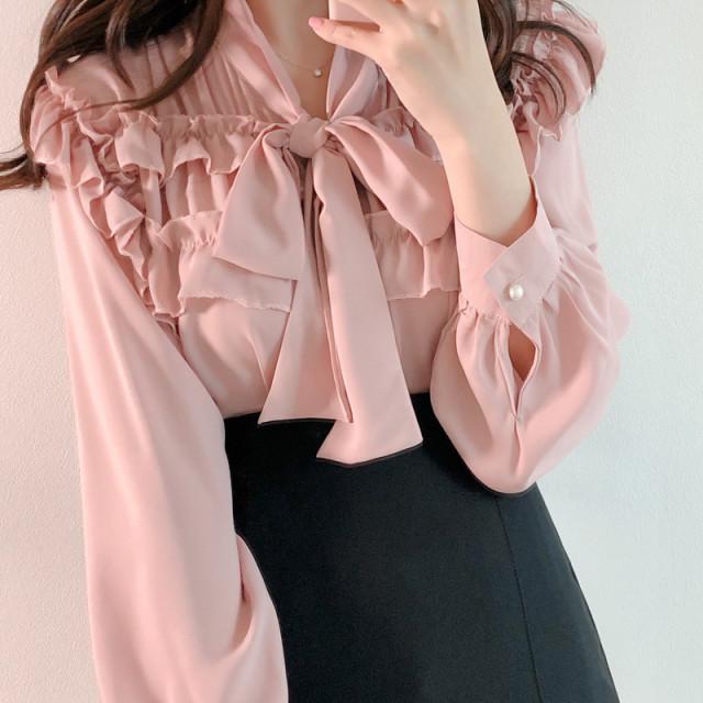 리본 프릴 쉬폰 블라우스 핑크 화이트 러블리 셔츠