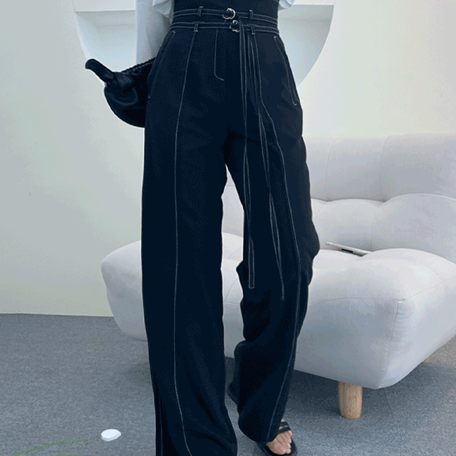 f/w 인생바지 하이웨스트 더블 벨트 스티치 와이드 슬랙스 2color