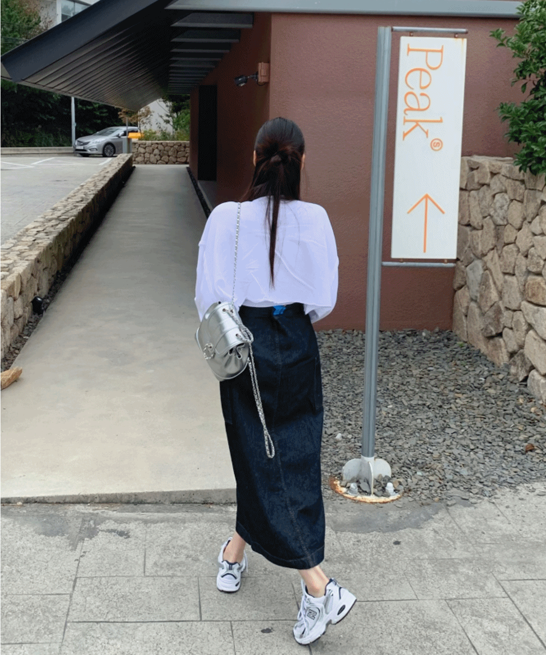 [무배] 카고 스티치 생지 데님 롱 스커트