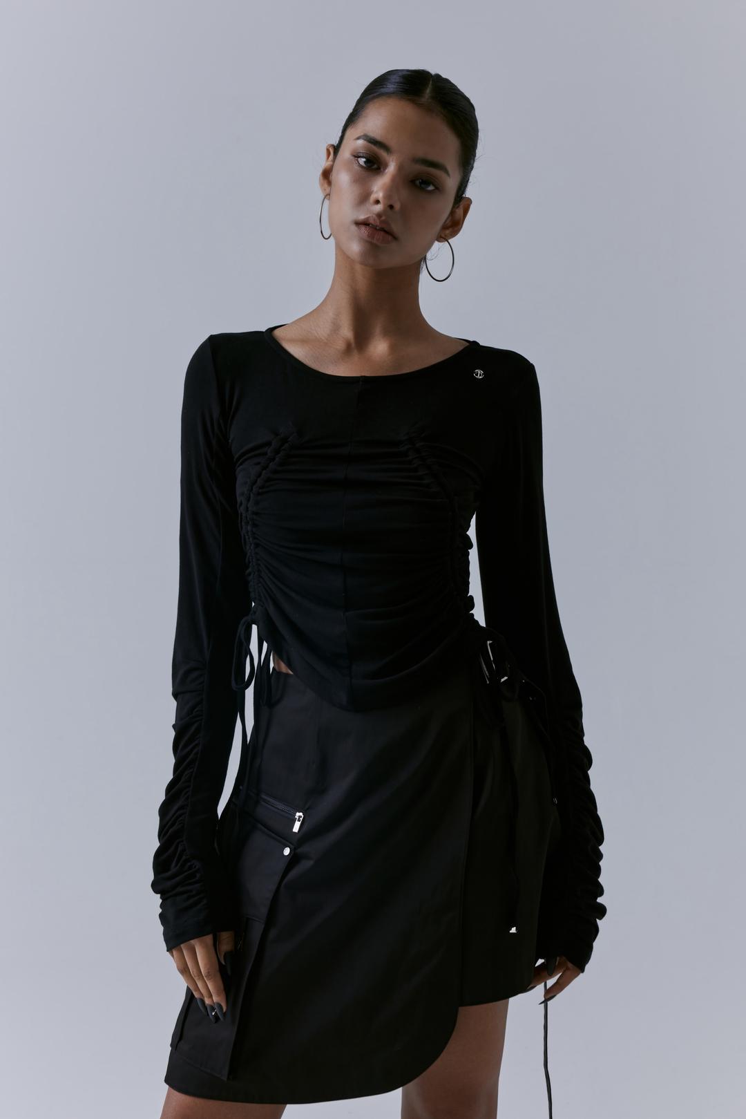 Multi String Shirring Long Sleeve [ Black ]
