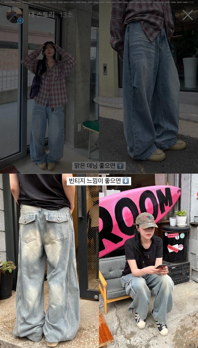 솔리드 포켓  와이드 데님 (남녀공용)