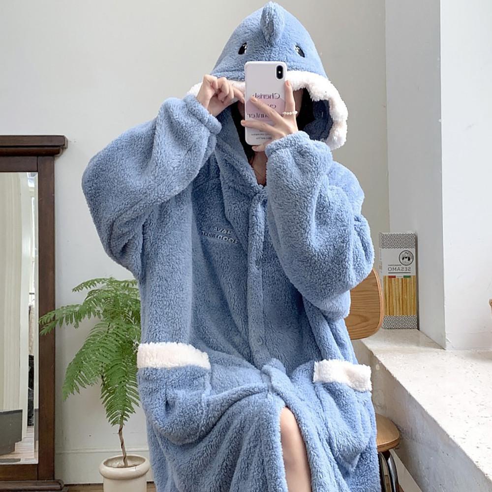 티티리 겨울 후드 상어 기모 수면 마약 동물 가운 파자마 친구 선물 극세사 원피스 잠옷