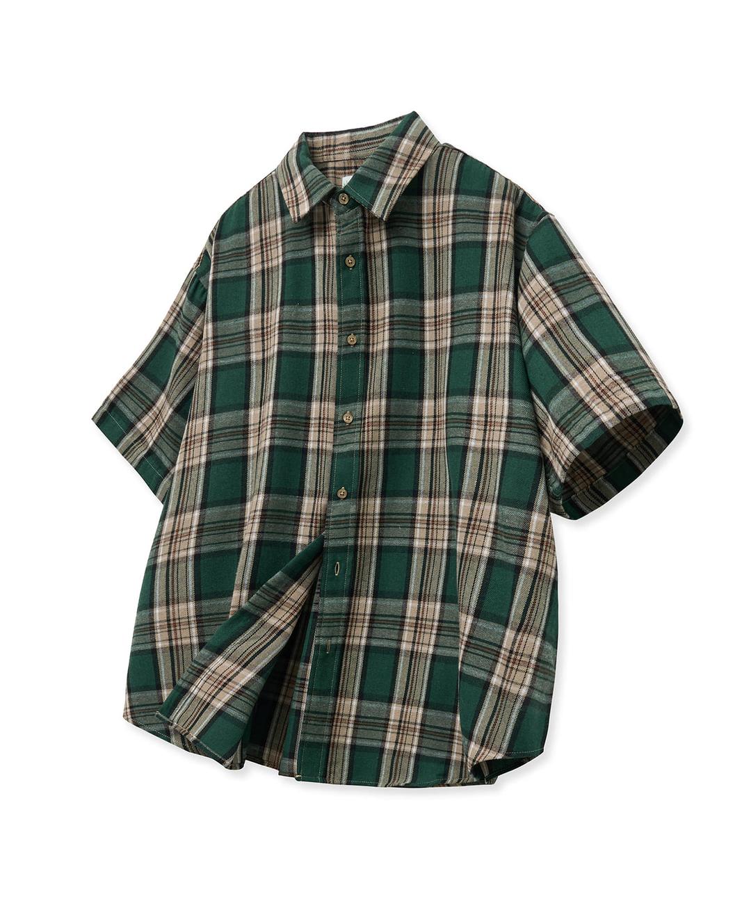 87-STAN203 Vintage Palm Tree OverFit Short-Sleeved Check Shirt Green