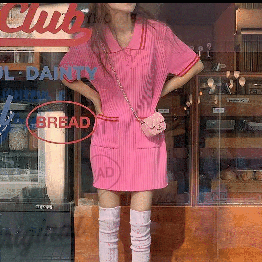 [여름신상/니트원피스] 단추 니트 반팔카라 여름니트 배색 핑크 슬림 미니원피스 h라인 니트스커트 네이비 *여친룩 데이트룩 소개팅룩 키작녀 귀여운 옷