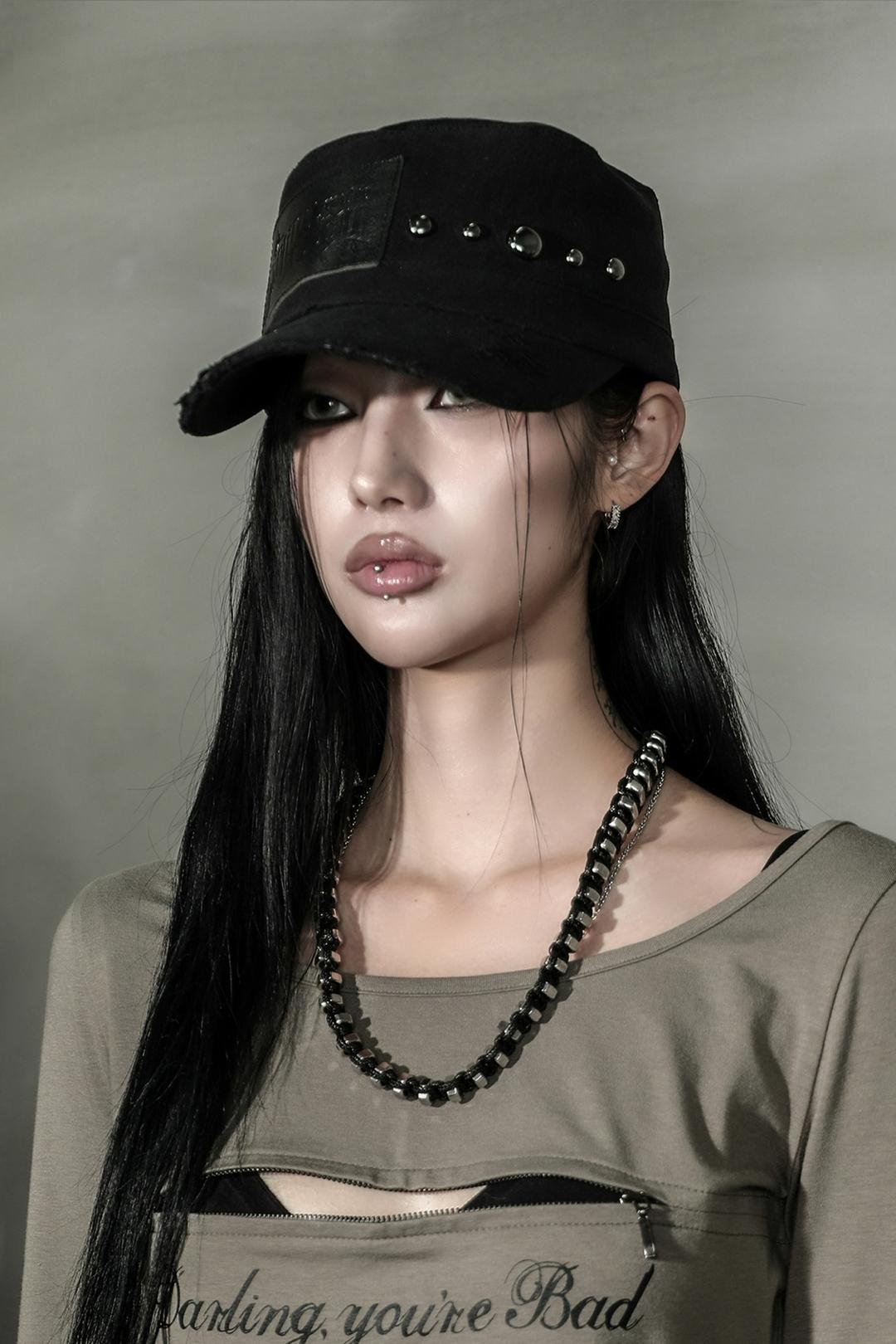 [아사 착용/재입고] LABEL STUD MILITARY CAP #BLACK (5.6 출고) - 달링유어배드
