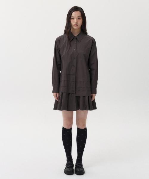 FRILL LAYERED POCKET SHIRT DRESS, BROWN
