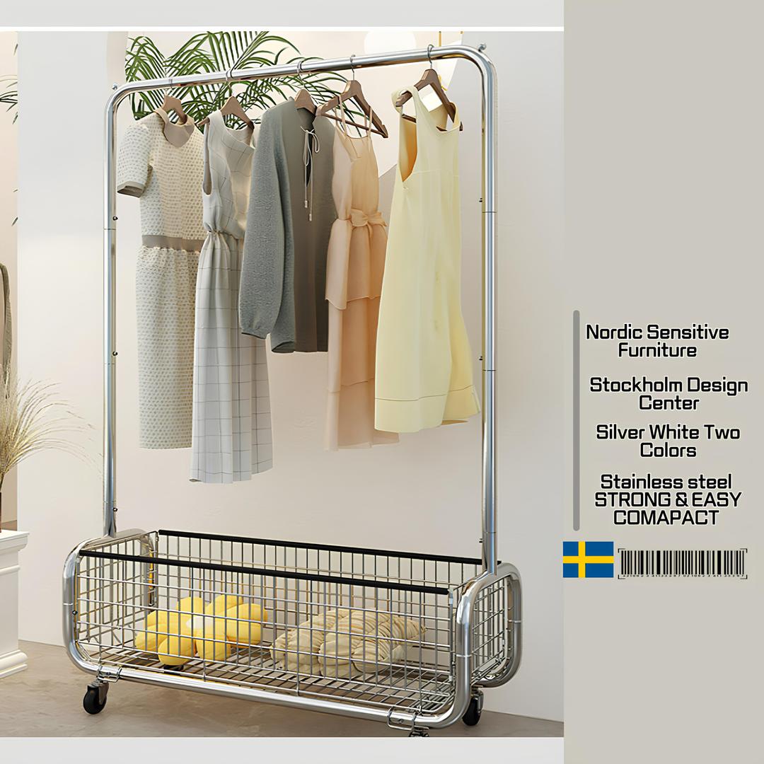 이동식행거 스탠드옷걸이 미드센츄리 알루미루 디자인 실버 이쁜행거 의류매장행거 바퀴 바구니