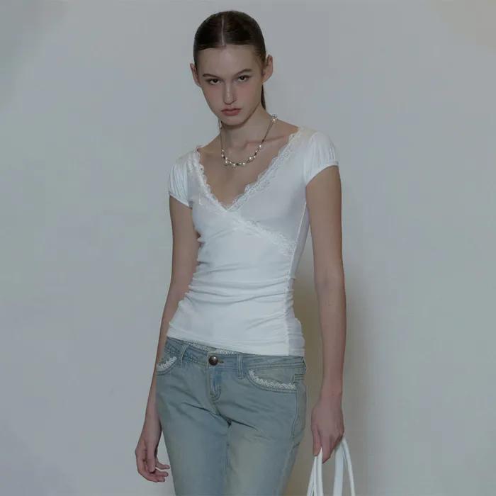 Lace Trim Wrap Tee White