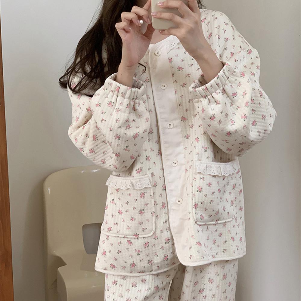 [폭닥누빔]베이플라워 긴팔 상하세트 파자마 잠옷