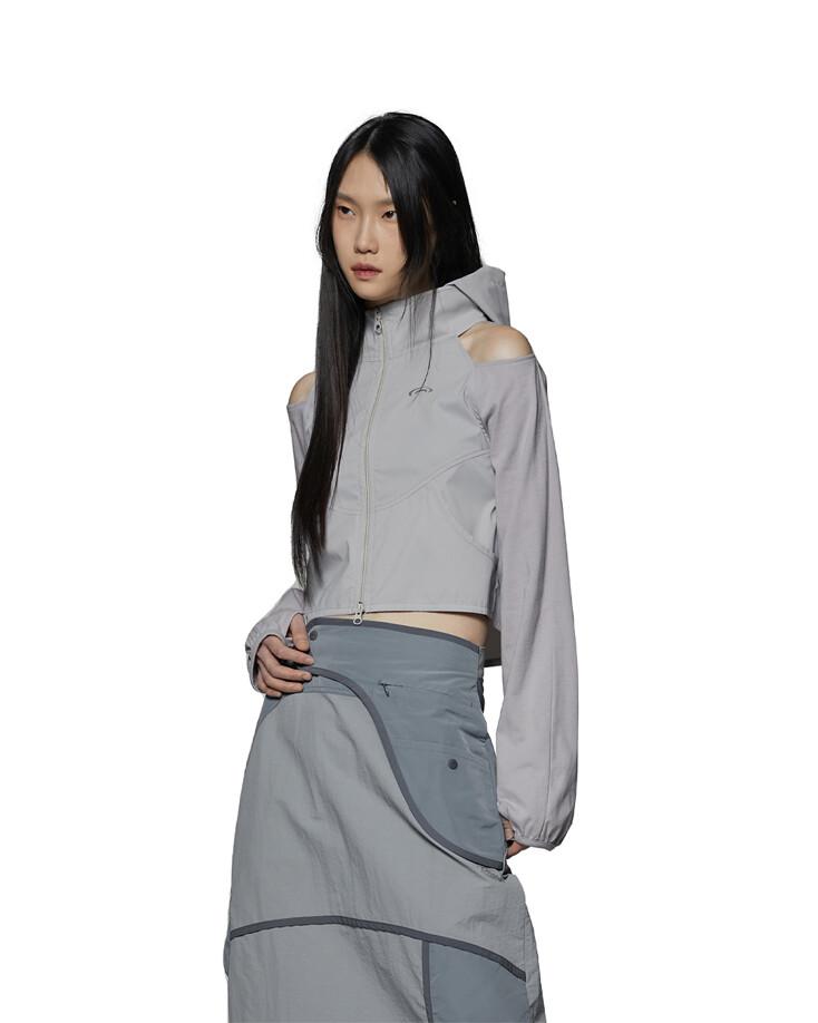 OFF-SHOULDER HOODED JACKET - LIGHT GRAY