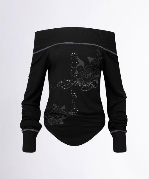 [Sculptor X Ed Hardy] Raglan Off-Shoulder Tee Black