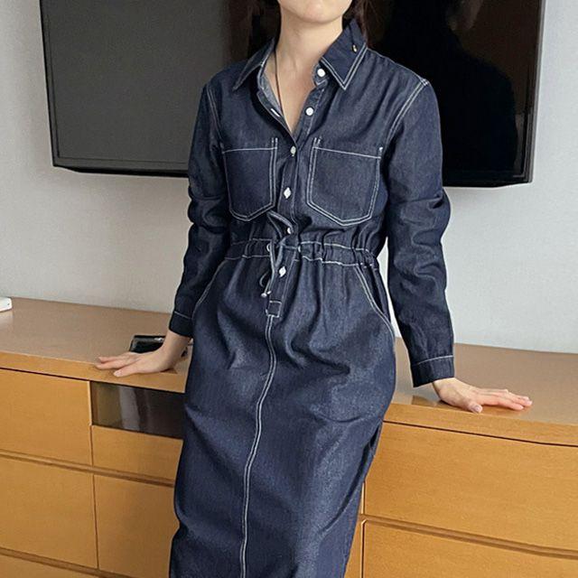 스트링 데님 롱원피스 [ 인디고데님 생지데님 청원피스 청치마 긴원피스 진청 허리끈  스티치 스트링원피스 카라원피스 데일리 멋스러운 ]