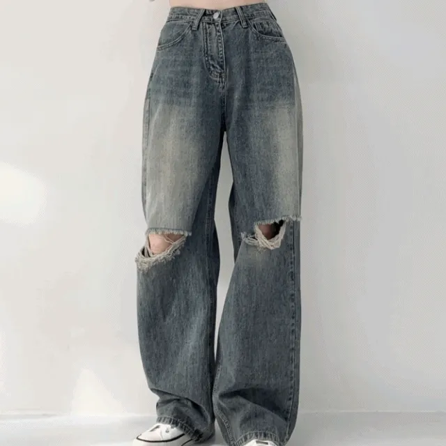당일발송🚀[여름까지~/숏&롱,~XL] 얇은 무파진 빈티지 무릎 찢청 디스트로이드 롱 와이드 하이웨스트 데님 팬츠 기장선택 키큰녀 키작녀 빅사이즈