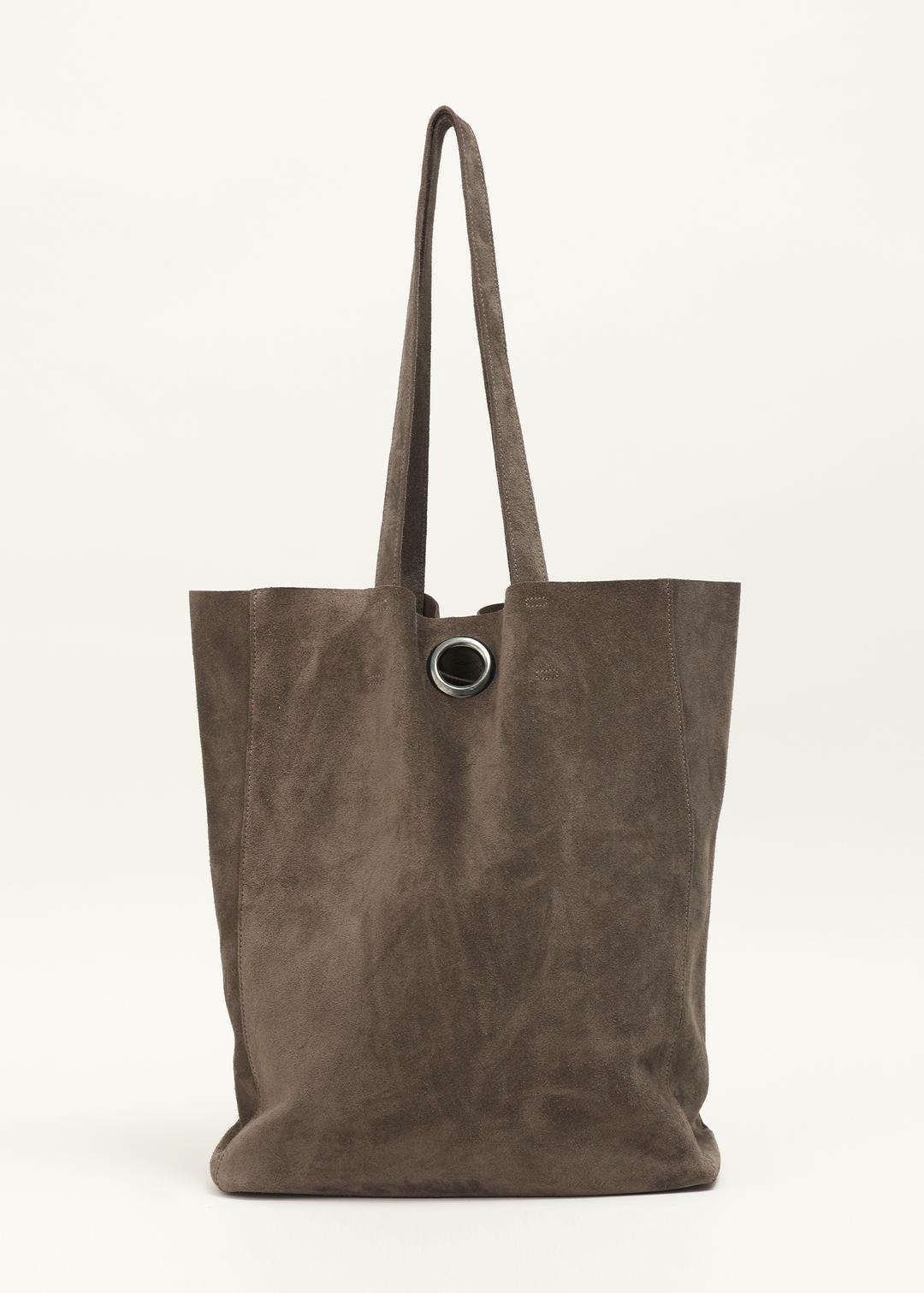 Eyelet Suede Tote Bag, Khaki Grey