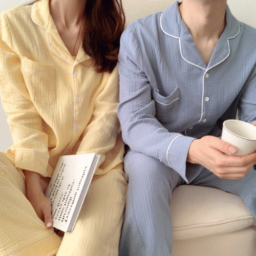 [당일출고/무배] 러브썸 커플 요루 면 긴팔 무지 호캉스 파자마 잠옷 6color