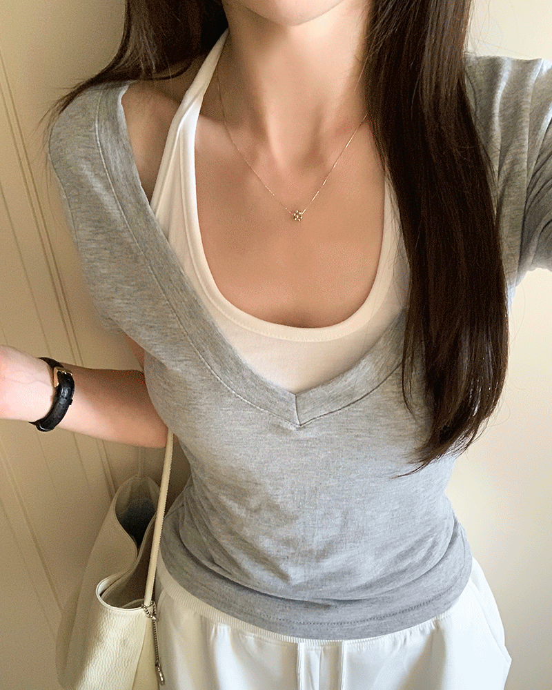 꼰미고 [허리잘록핏🤍/일체형] 디어 홀터 레이어드 티셔츠