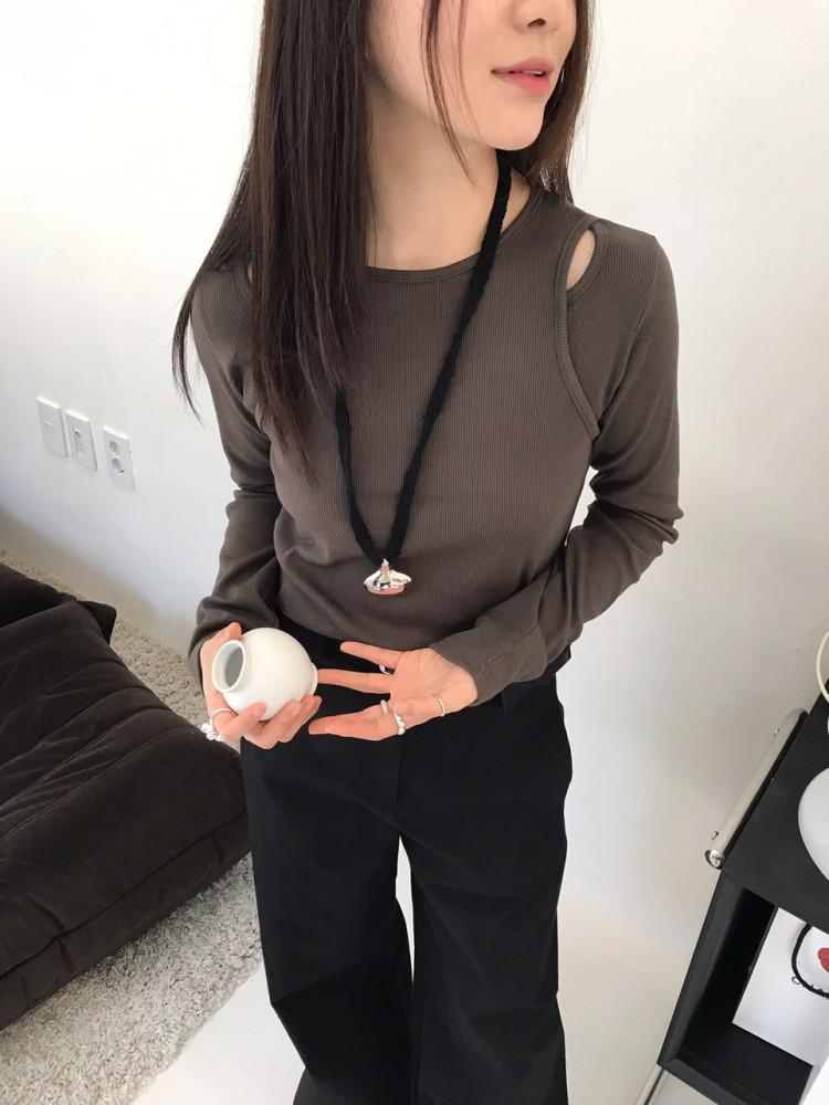 뮤트 레이어드티 슬림 골지 티셔츠 스판 라운드 이너티