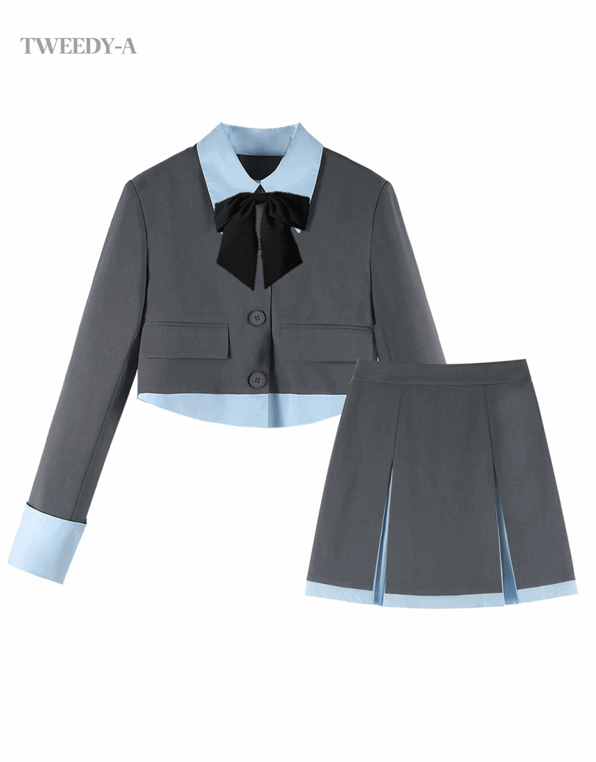 [리본타이 증정] 클로 배색 크롭 자켓 슬릿 미니 스커트 투피스 셋업 2 컬러