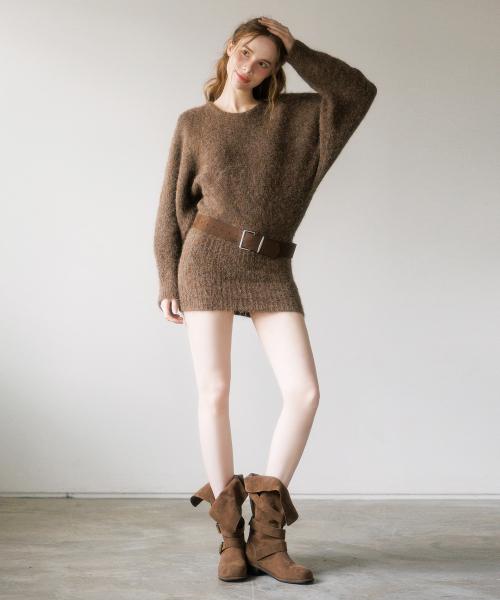 시보리 루즈 니트 & 스웨이드 벨트