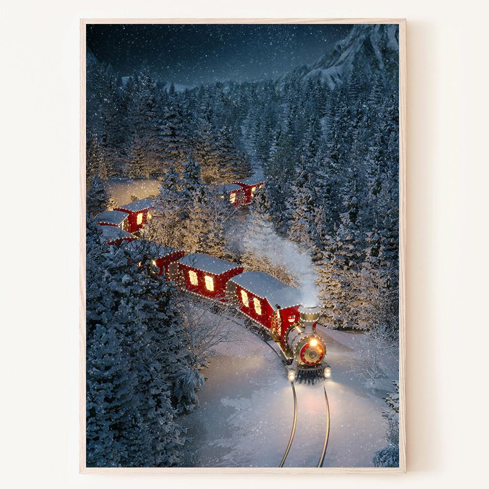 겨울 숲을 지나는 크리스마스 기차 일러스트 낭만적인 풍경 예쁜 액자