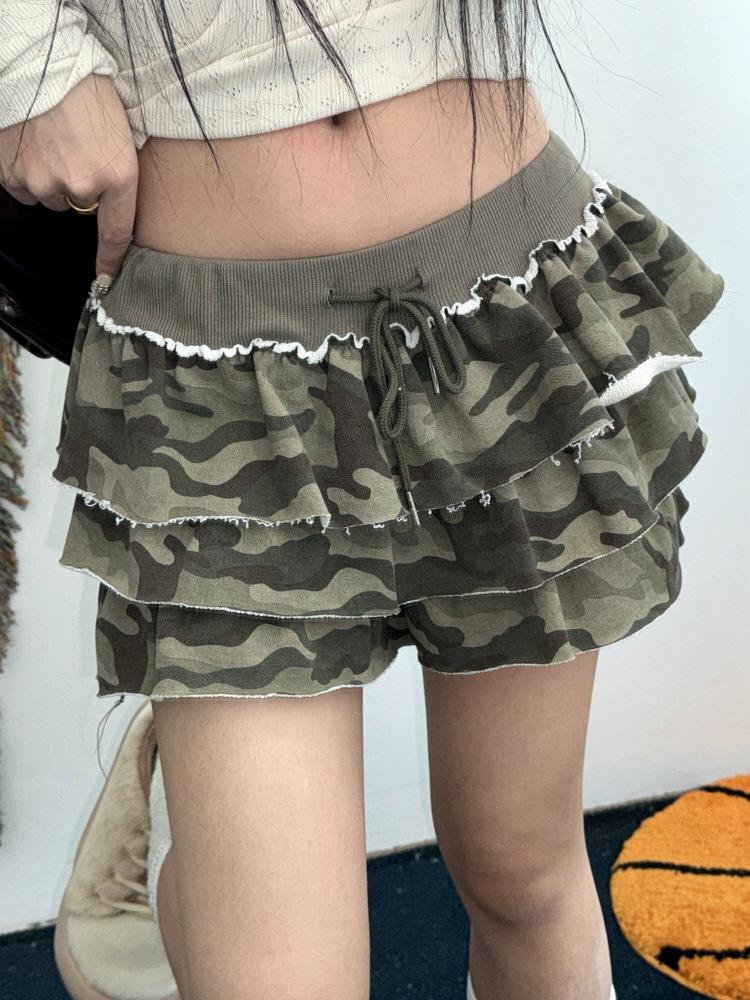 y2k 핫 걸즈 데끼 캉캉 플레어 밀리터리 카모 힙 미니 트레이닝 스커트