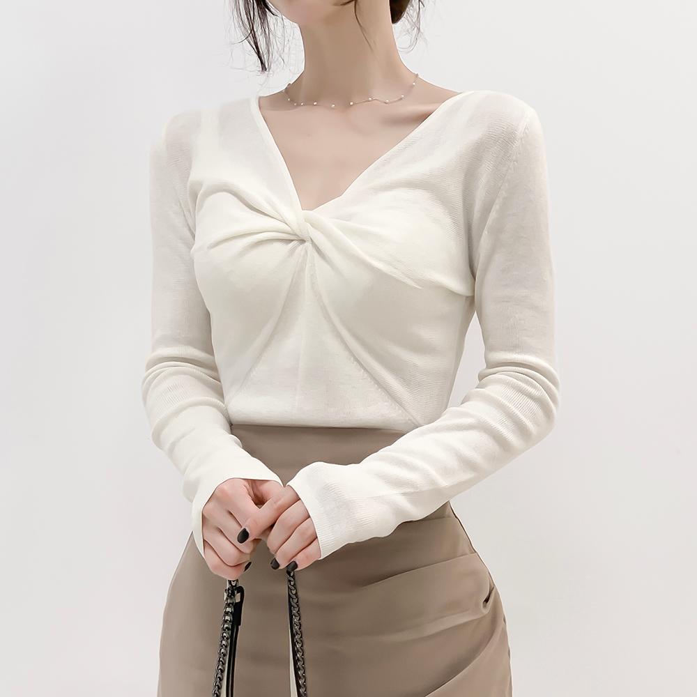 로즈하 랩 꼬임 브이넥 셔링 니트/4color