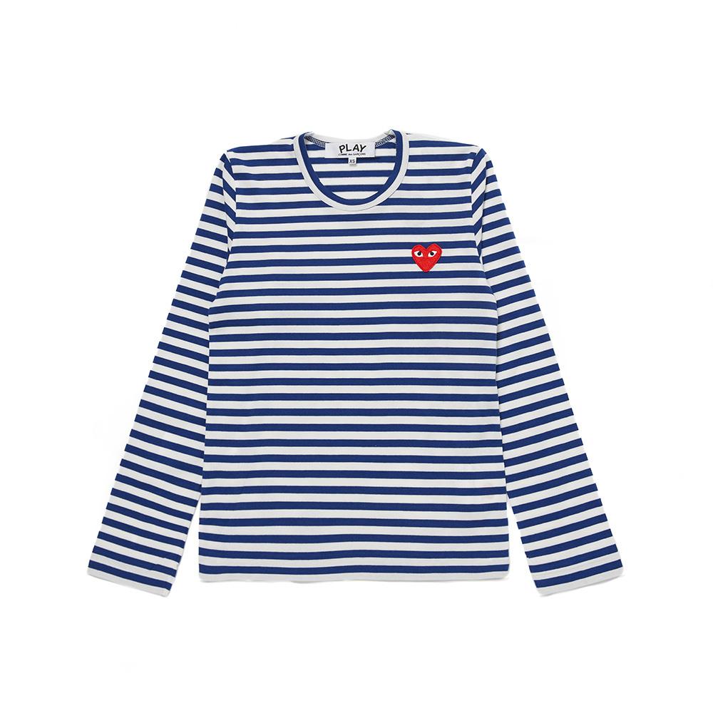 22SS 꼼데가르송플레이 하트 로고 스트라이프 티셔츠 - 네이비 (P1T163)