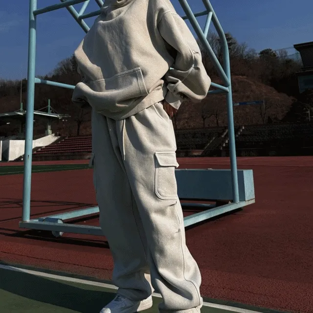 [고퀄리티/기모쭈리선택] 남녀공용 오버핏 빅사이즈 피그먼트 후드 카고 와이드 스트링 팬츠 셋업 세트 커플룩 빅사이즈