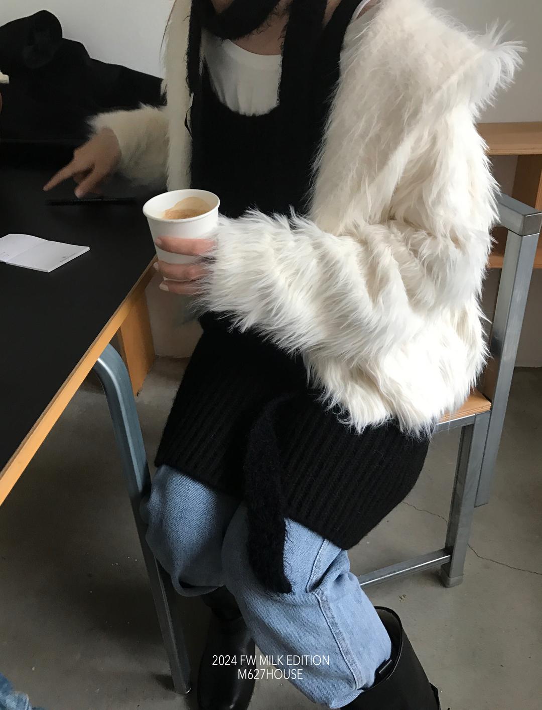 KITTY FUR CARDIGAN JACKET, MILK WHITE