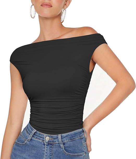 OMKAGI Women One Off Shoulder Y2K Tops Double Lined Slim Fit T Shirts Basic Tees