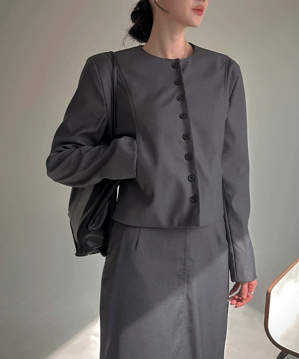 [🍁가을/셋업가능] 시나몬 버튼 카라리스 크롭 자켓(숏자켓, 가을자켓, 하객룩, 정장자켓, 출근룩, 오피스룩, 셋업자켓, 수트세트, 셋업, 노카라자켓)