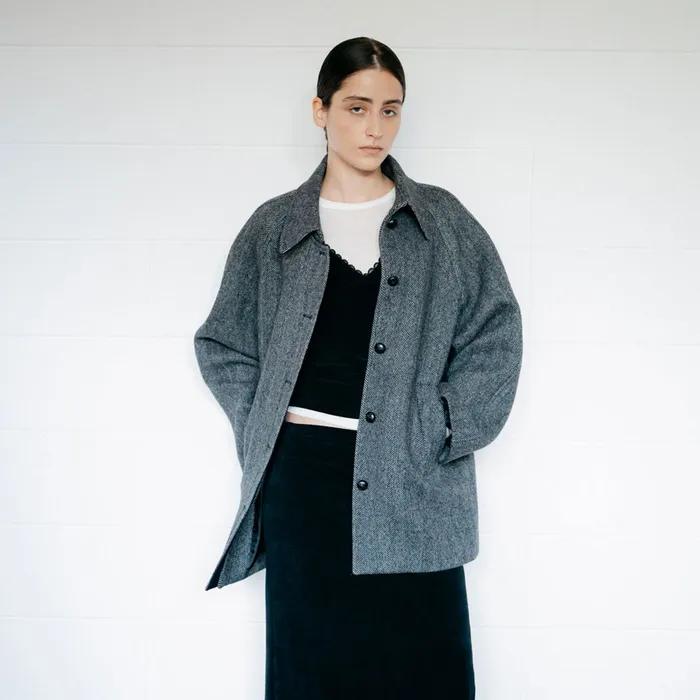 Wool Half Coat Herringbone - Charcoal