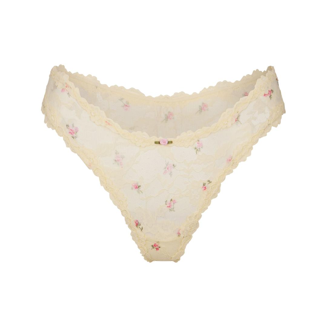 STRETCH LACE DIPPED THONG | BUTTER ROSEBUD PRINT
