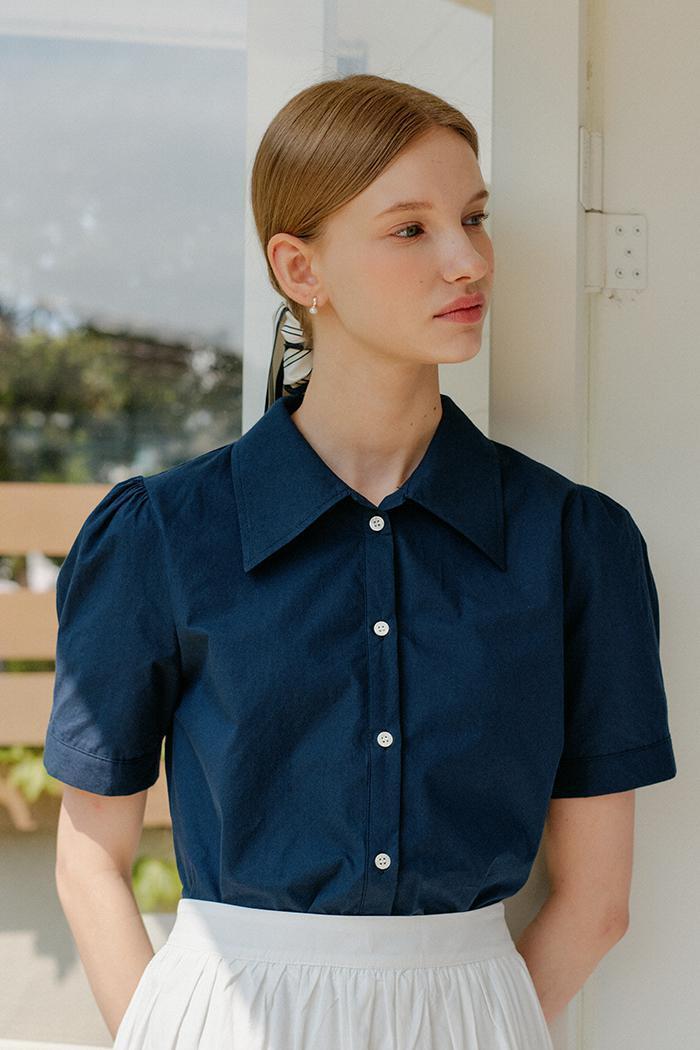 COTTON SHIRRING SHIRT_NAVY