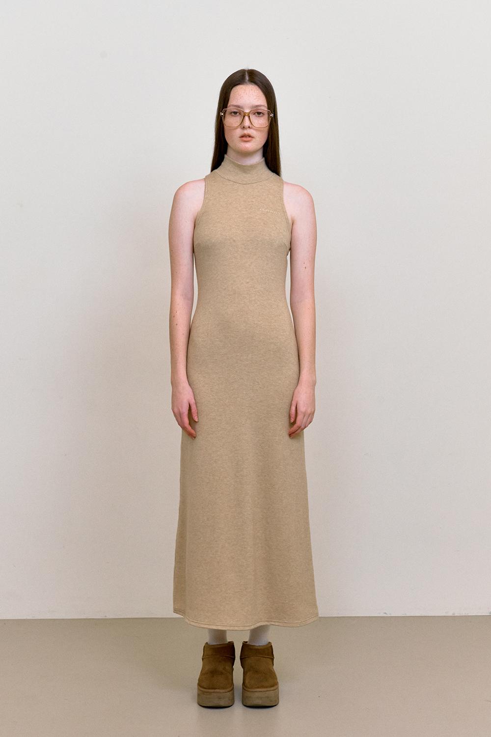 Sleeveless Scarf Knit dress-Beige