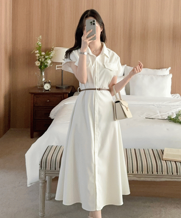 [휴양지룩/피크닉룩]오브 린넨 셔츠 벨트 롱원피스