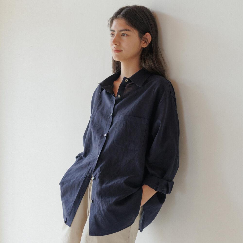 linen bamboo blended shirt-navy
