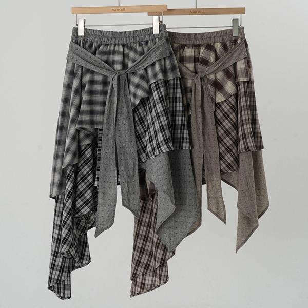 [2C] 레이어드 체크 미디 언발 스커트 밴딩스커트 체크치마 언발스커트 캉캉스커트 레이어드룩 레이어드스커트